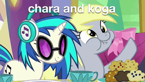 a cartoon of two ponies with the words chara and koga written above them
