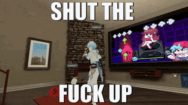 a video game called shut the fuck up is being played on a tv