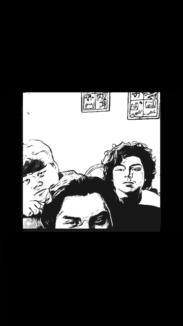 a black and white drawing of a group of people with pictures on the wall