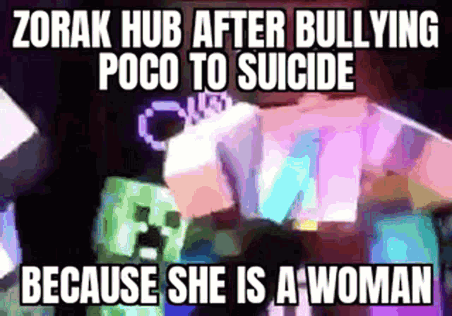 a screenshot of a video that says zorak hub after bullying poco to suicide because she is a woman