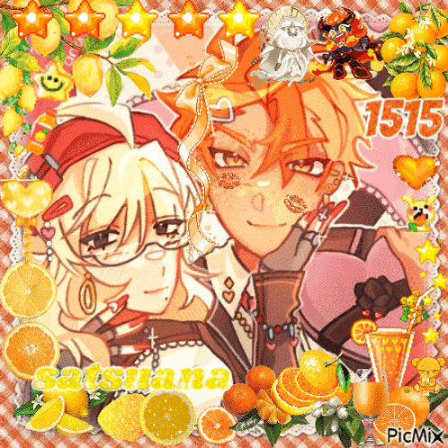 a picture of a boy and a girl surrounded by oranges and lemons with the number 1515