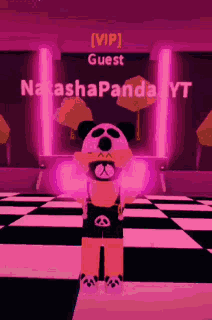 a panda bear is standing on a checkered floor in front of a sign that says vip guest .
