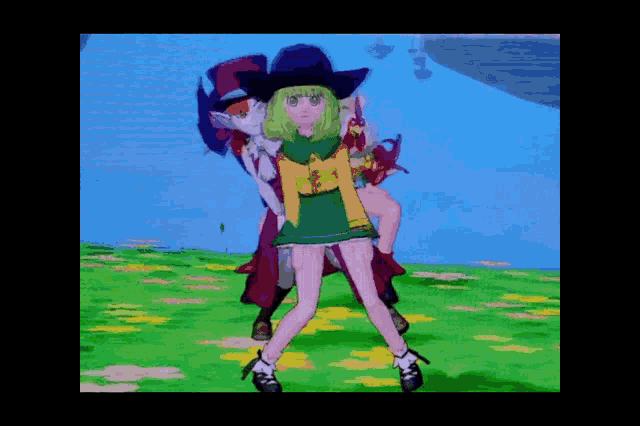 a cartoon of a girl with green hair and a purple hat