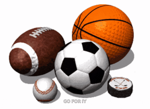 a group of sports balls including a soccer ball and a basketball