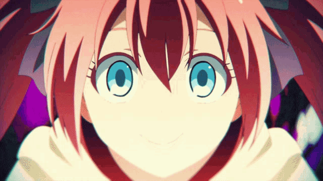 a close up of a pink haired anime character with blue eyes