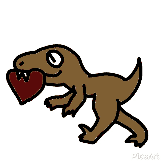 a drawing of a dinosaur holding a heart in its mouth