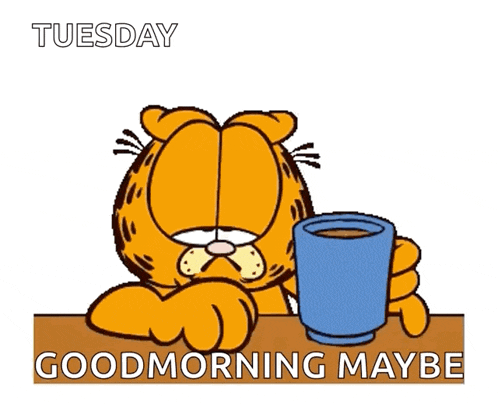 a cartoon of garfield holding a cup with the words tuesday good morning maybe below it