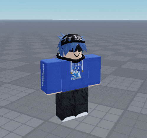 a 3d model of a person wearing a blue hoodie and a black hat