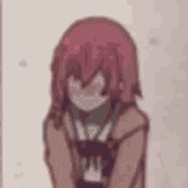 a close up of a cartoon girl with red hair and a brown coat .