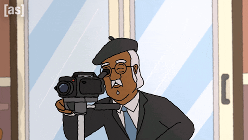 a cartoon of a man taking a picture with a camera with the letters as on the bottom right