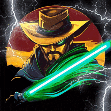 a man in a cowboy hat holds a green light saber