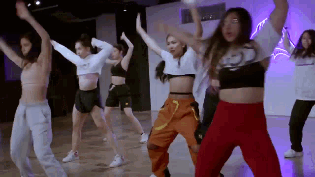 a group of girls are dancing together in a dance studio .