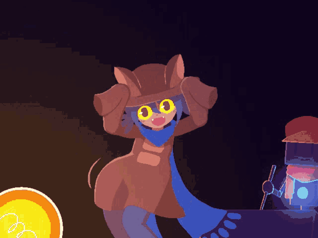 a cartoon drawing of a cat with a blue scarf around her neck