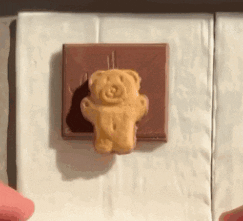 a cookie in the shape of a teddy bear is on a piece of chocolate