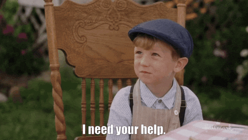 a young boy sitting in a chair with the words i need your help below him