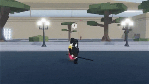 a person is holding a sword in a video game while standing on a street .