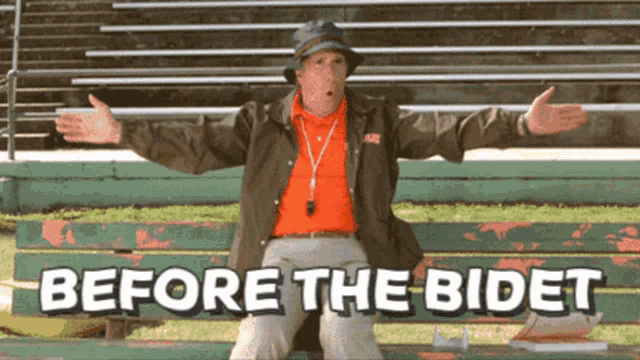a man sitting on a bench with his arms outstretched and the words before the bidet written on the bench
