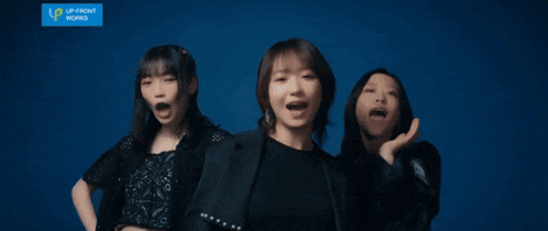 three girls are standing in front of a blue background that says " my sisters "