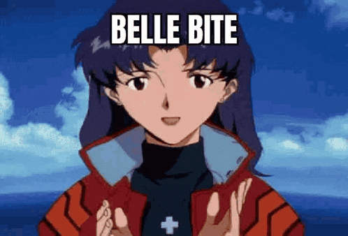 a girl in a red jacket is giving a thumbs up with the words `` belle bite '' written above her .