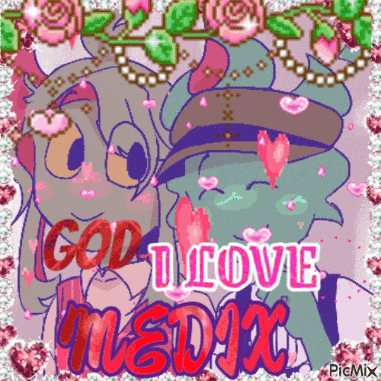a picture of a girl and a monster with the words god i love medix on it