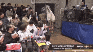 a group of people are sitting in front of a screen that says njpw world