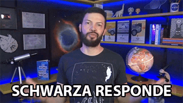 a man with a beard is standing in front of a globe and a telescope and says schwarza responde
