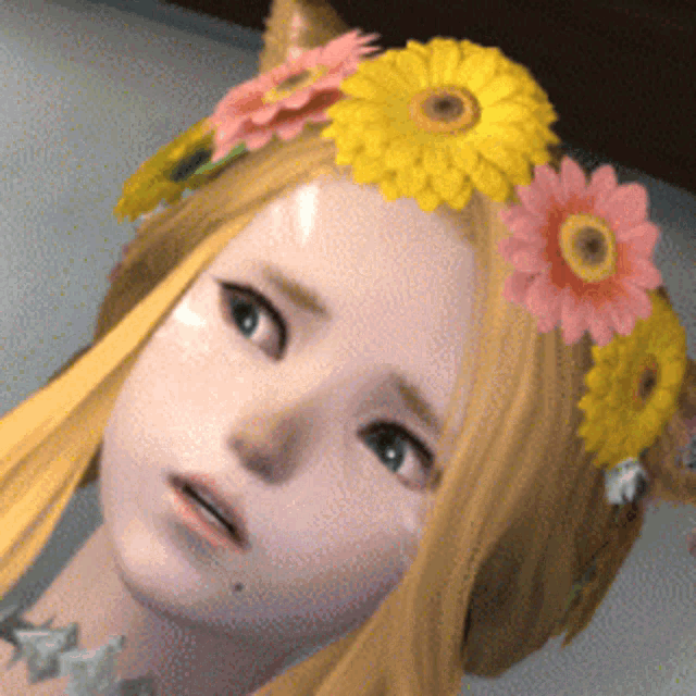 a girl with a flower crown on her head looks sad