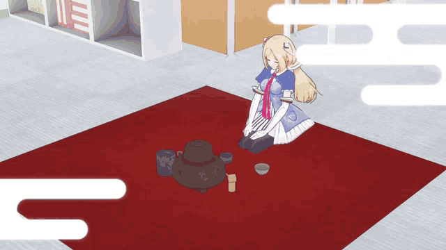 a girl in a blue dress sits on a red rug next to a teapot and cups