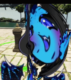 a close up of a blue and purple cartoon character 's face