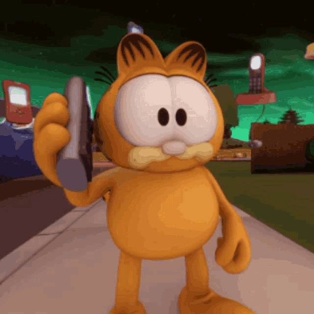 a cartoon character named garfield is talking on a phone