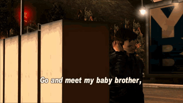 a video game scene with the words go and meet my baby brother on the screen