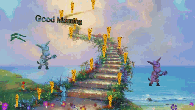 a painting of a stairway to heaven with the words good morning