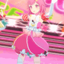 a girl in a pink dress is dancing on a pink stage .