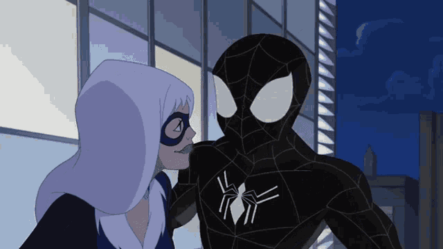 a cartoon of a woman kissing a spider-man