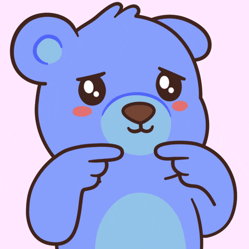 a cartoon drawing of a blue teddy bear with a sad look on its face