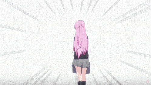 a girl with pink hair and blue eyes is wearing a school uniform and tie .