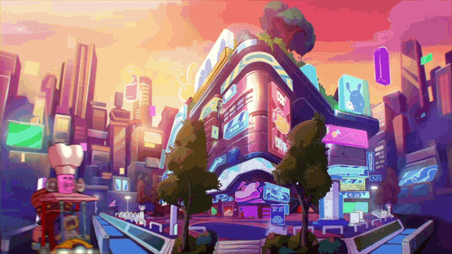 a pixel art drawing of a city with a building that says ' sd ' on it