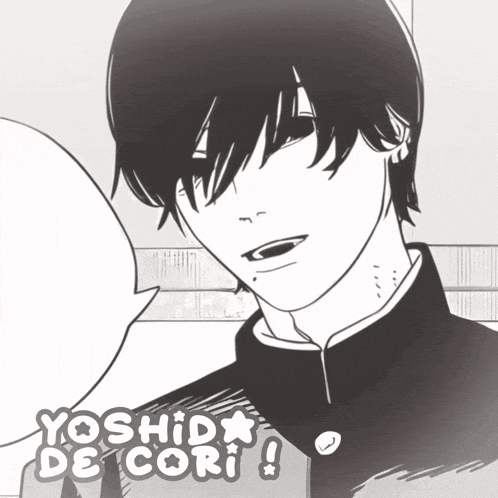 a black and white drawing of a boy with the name yoshida de cori written on the bottom