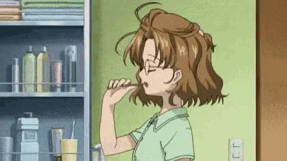 a cartoon girl is brushing her teeth in front of a bathroom cabinet .
