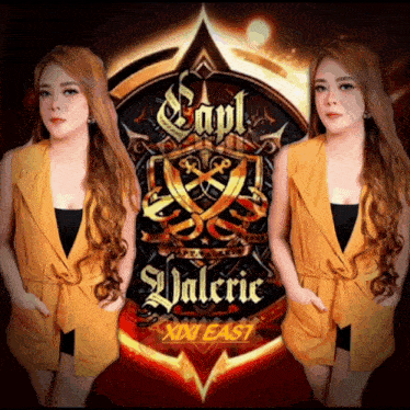 two women are standing in front of a logo for valerie xxi east