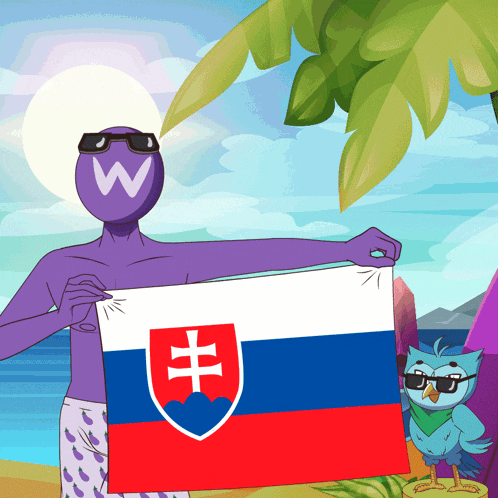 a cartoon character holding a slovakia flag with a cross on it