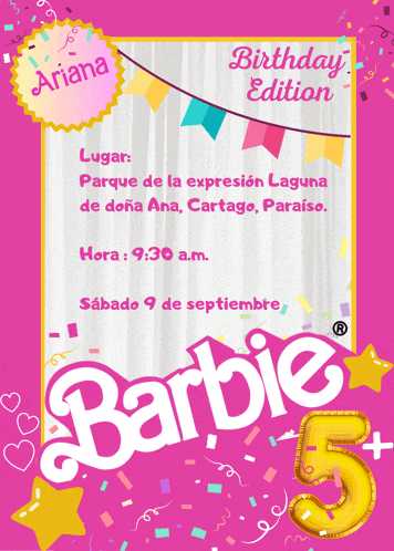 a pink barbie birthday edition invitation for ariana 's 5th birthday