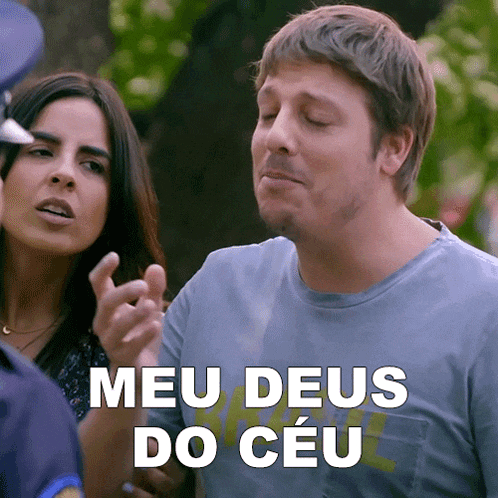 a man and a woman are standing next to each other with the man saying meu deus do ceu