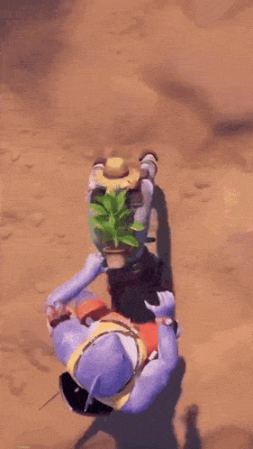 a cartoon character is riding a shark with a plant on his back