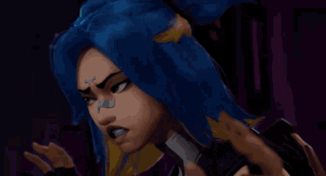 a cartoon character with blue hair is holding a blue light
