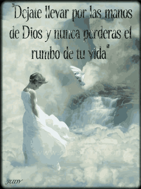 a woman in a white dress is standing in the clouds with a quote in spanish