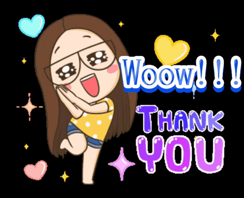 a cartoon girl wearing glasses says woow and thank you