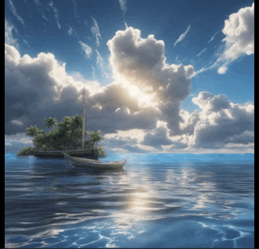 a small island in the middle of the ocean with a sailboat in the water