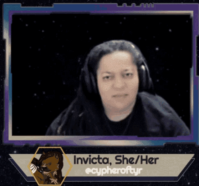 a picture of a woman with headphones and the name invicta she / her