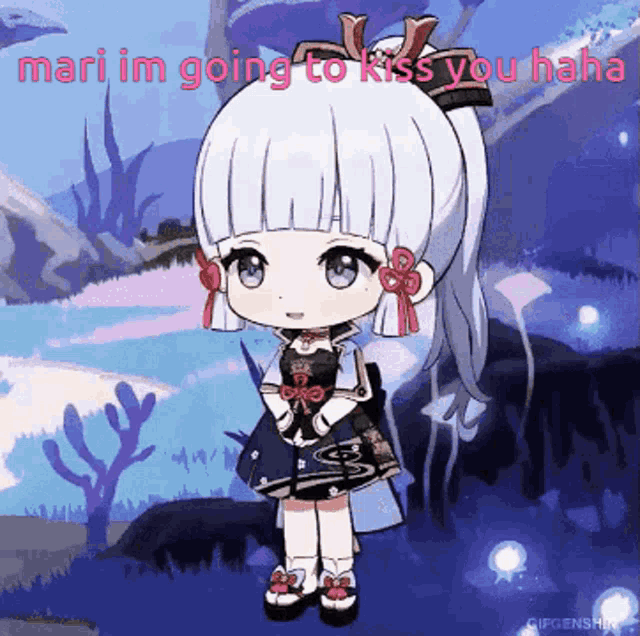 a cartoon girl with white hair is standing in front of a coral reef and says mari im going to kiss you haha .